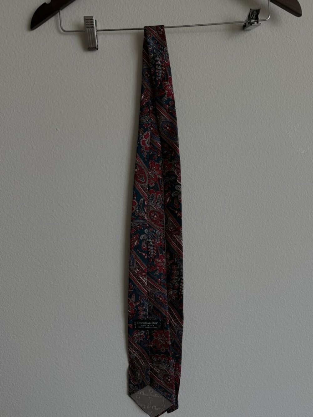 Vintage Christian Dior Silk Tie Red Teal Paisley Floral